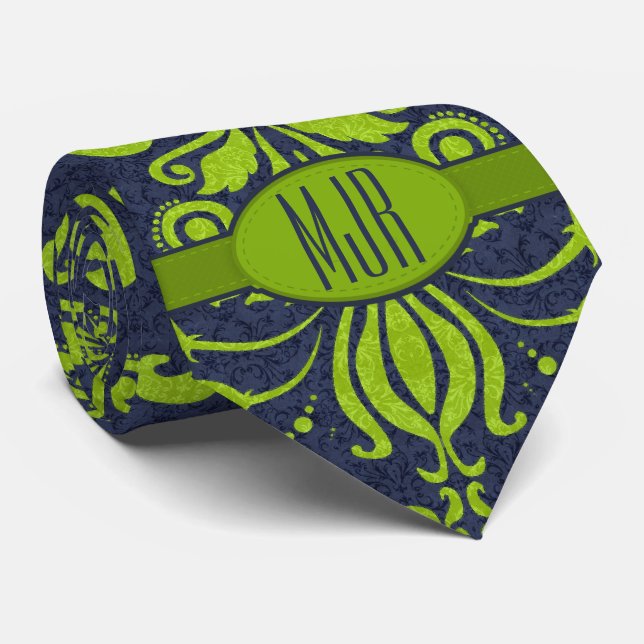 Jade Green und Navy Damask Swirl Monogram Krawatte (Gerollt)