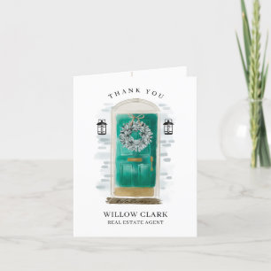 Jade Green Watercolor Front Door & Wreath Dankeskarte
