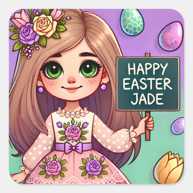 JADE ~ HAPPY EASTER ~ Blume Quadratischer Aufkleber (Vorderseite)