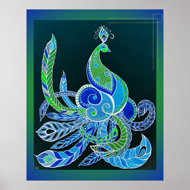 Jade Majesty Elegante Grün und Blau Pfau Poster (Vorne)