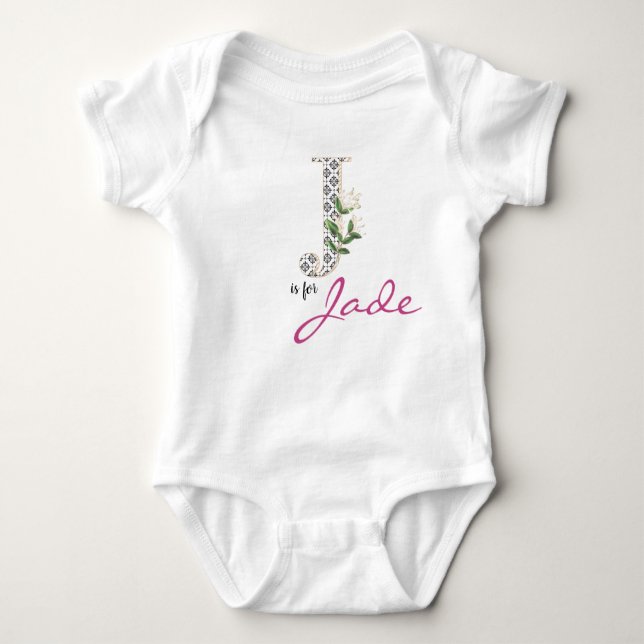 Jade Name Reveal Floral Letter J Girl Whimsical Baby Strampler (Vorderseite)