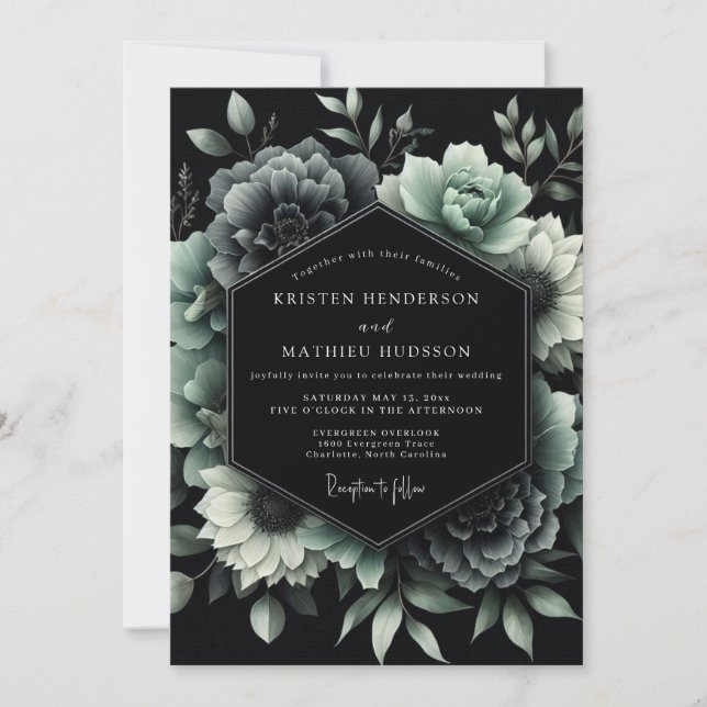 Jade Noir Botanical Wedding Einladung (Vorderseite)