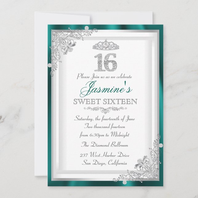 Jade Silver Diamond Damask & Tiara Sweet 16 Einlad Einladung (Vorderseite)