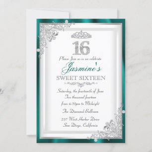 Jade Silver Diamond Damask & Tiara Sweet 16 Einlad Einladung