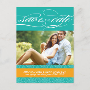 Jade und orange Damast Save the Date Ankündigungspostkarte