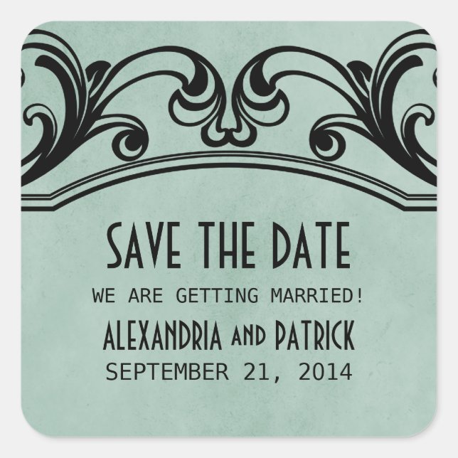 Jade Vintag Wirbel Save the Date Stickers (Vorderseite)