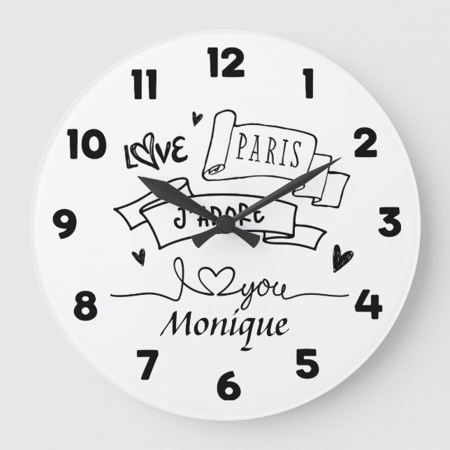 J'Adore Paris I Liebe You Paris Große Wanduhr (Vorderseite)