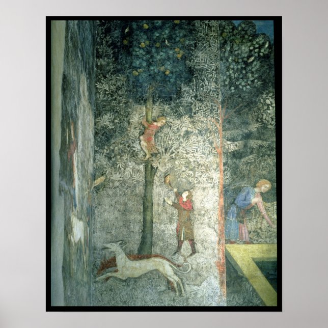 Jagd auf Hunde und Männer auf einen Baum Poster (Vorne)