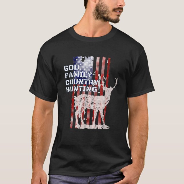 Jagd Gott Familie Hirschflagge Patriotisch T-Shirt (Vorderseite)