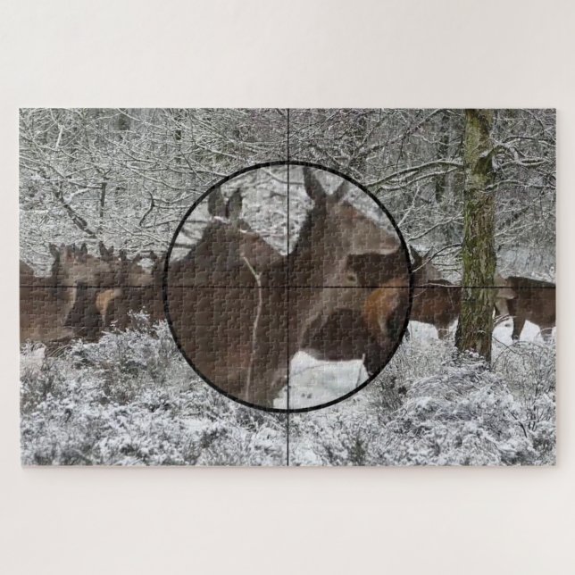 Jagd Kuh Elch Scope Blick Winterwald Puzzle (Horizontal)