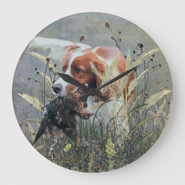 Jagd mit Epagneul Breton Große Wanduhr (Vorderseite)