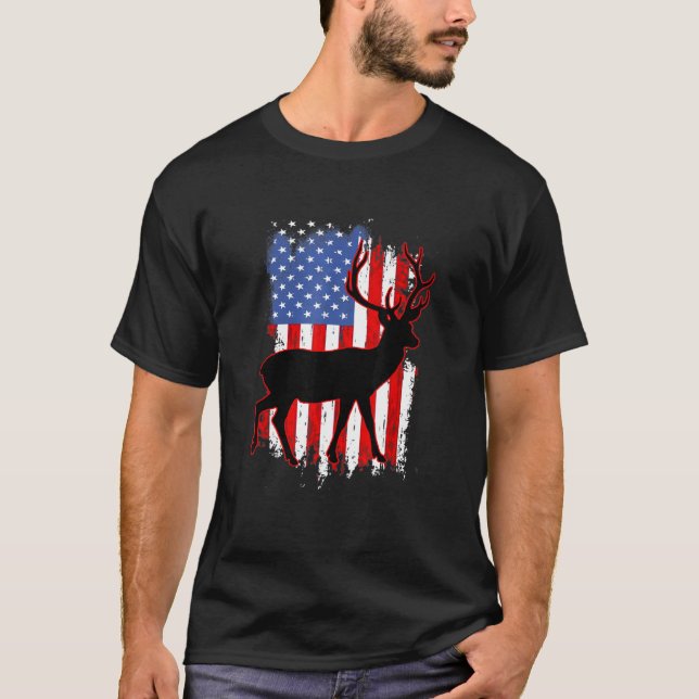 Jagd Patriotischer Jäger Jagd Hirsch Usa US Flag T-Shirt (Vorderseite)