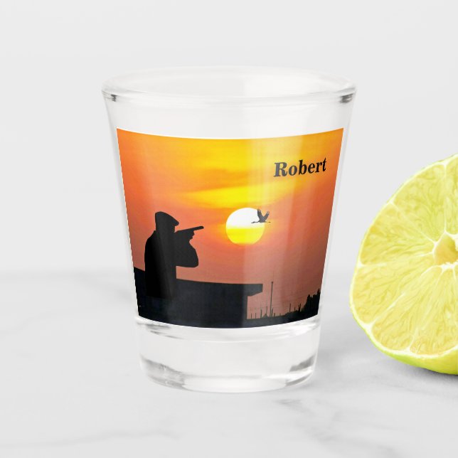 Jagd Silhouette Bird Sunset Personalisiert Schnapsglas (Vorderseite)