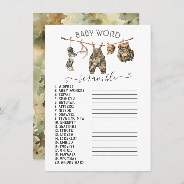 Jagen Camouflage Clothesline Baby Word Scramble Einladung (Vorne/Hinten)