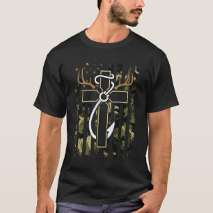 Jagen Fischen Glaube Kreuz Hirsch Geweih Haken USA T-Shirt