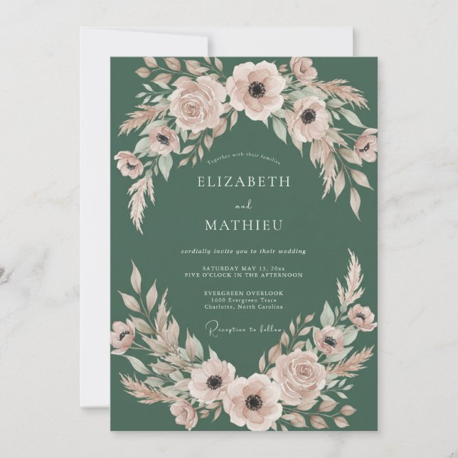 Jäger-Braut Hochzeit mit rosa Blättern Einladung (Vorderseite)