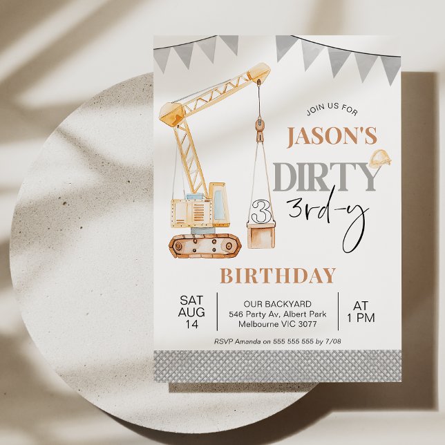 Jäger-Gelbe Bauweise dreiteiliger Geburtstag Einladung (Boys Construction Dirty 3rd-y Birthday Invitation Template, Editable Crane 3rd Birthday Invitation)