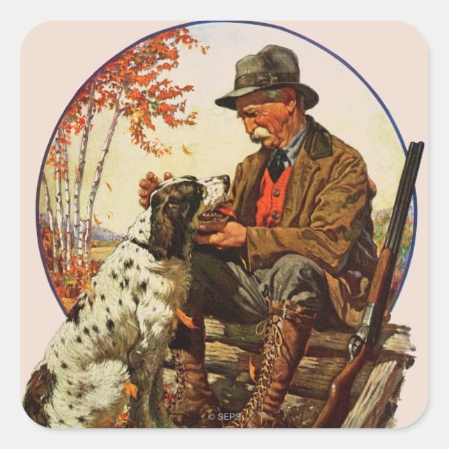 Jäger und Spaniel Quadratischer Aufkleber (Vorderseite)