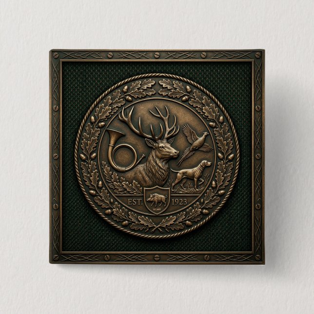 Jägergrün & Bronze-Jagdsitz-Emblem  Button (Vorderseite)