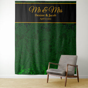 Jägergrün Gold Schwarz Florales Hochzeitsbackdrop Wandteppich