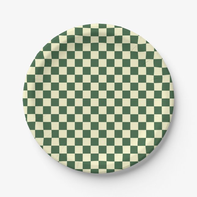 Jägergrün und cremefarbenes Schachbrettmuster Pappteller (Vorderseite)