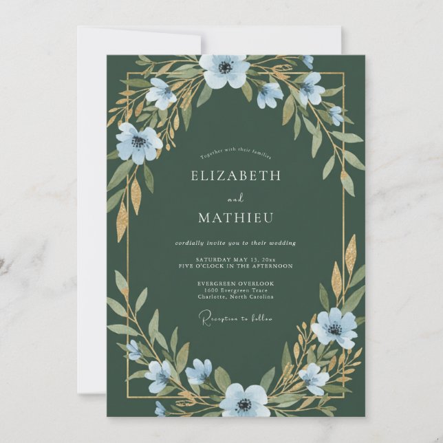 Jägergrüne Anemonen-Hochzeit Einladung (Vorderseite)