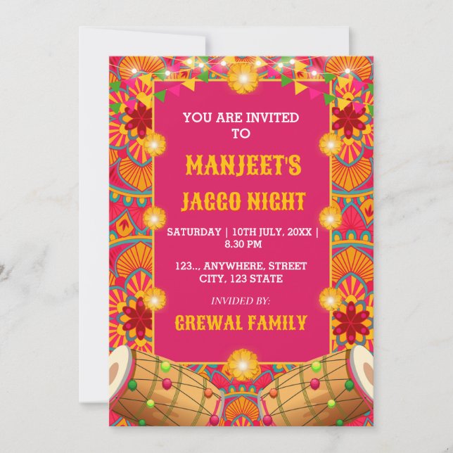 Jaggo Night Invitation Card, Desi Pre-wedding Card Einladung (Vorderseite)