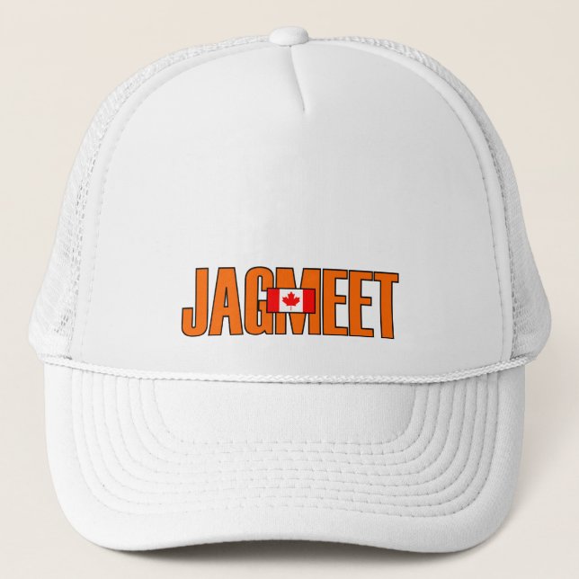 Jagmeet Orange Bold Text Kanadische Flaggenfarbe Truckerkappe (Vorderseite)
