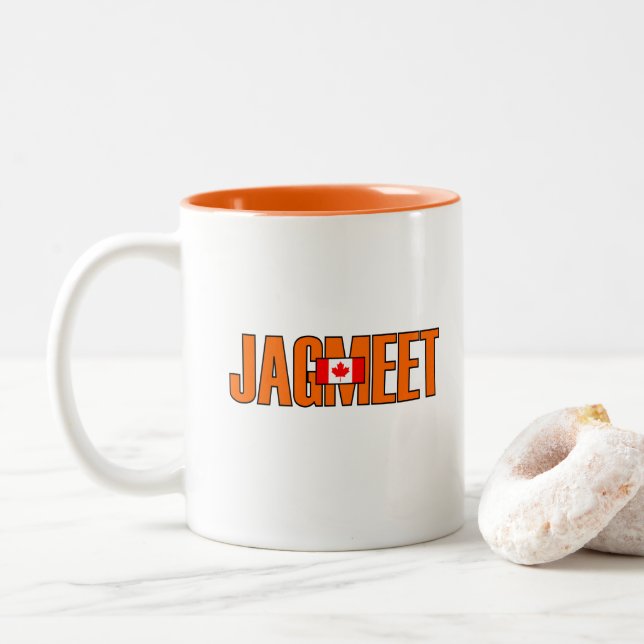 Jagmeet Orange Bold Text Kanadische Flaggenfarbe Zweifarbige Tasse (Mit Donut)