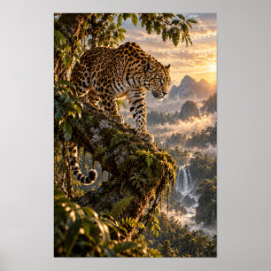 Jaguar auf moosbewachsenem Baum im tropischen Dsch Poster