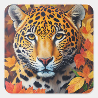 Jaguar Autumn Feline Painting Quadratischer Aufkleber
