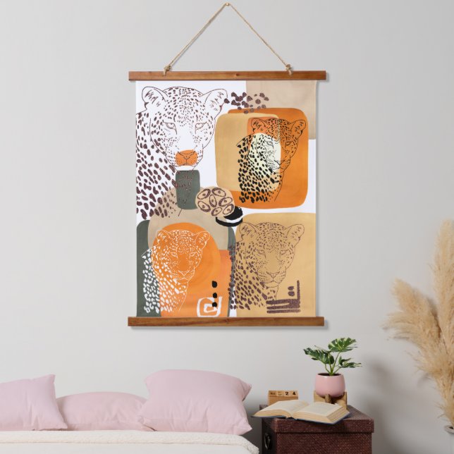 Jaguar Earth Tones Moderne Abstrakte Pop Kunst Wandteppich Mit Holzrahmen (Schlafzimmer)
