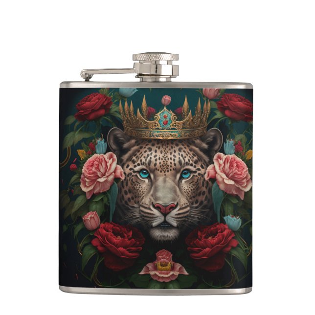 Jaguar mit Krone in Blumen Gemälde Flachmann (Vorderseite)