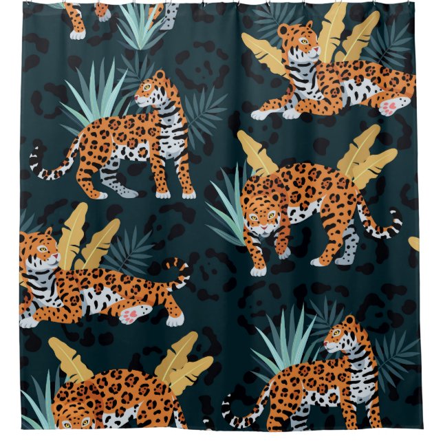 Jaguar Palms Nahtloses Vintages Muster Duschvorhang (Vorderseite)