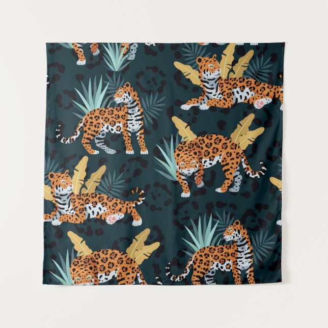 Jaguar Palms Nahtloses Vintages Muster Wandteppich (Vorderseite)