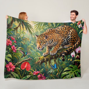 Jaguar Regenwald Kolibris Schmetterlinge Blumen Fleecedecke
