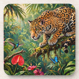 Jaguar Regenwald Kolibris Schmetterlinge Blumen Getränkeuntersetzer