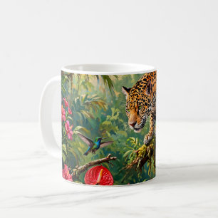 Jaguar Regenwald Kolibris Schmetterlinge Blumen Kaffeetasse