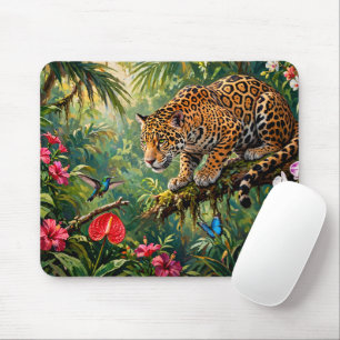 Jaguar Regenwald Kolibris Schmetterlinge Blumen Mousepad