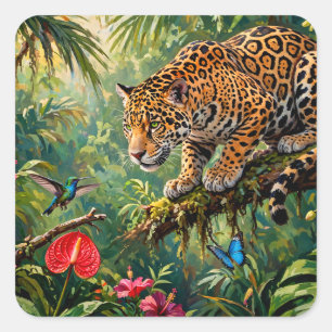 Jaguar Regenwald Kolibris Schmetterlinge Blumen Quadratischer Aufkleber