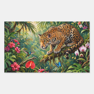 Jaguar Regenwald Kolibris Schmetterlinge Blumen Rechteckiger Aufkleber