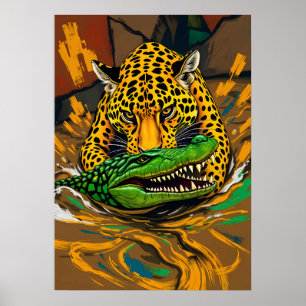 Jaguar und Alligator Battle Art Poster