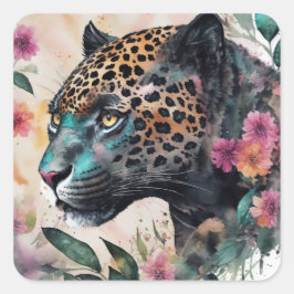 Jaguar Watercolor Floral Art Quadratischer Aufkleber