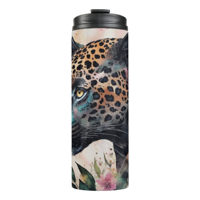Jaguar Watercolor Floral Artwork Karte Thermosbecher (Vorderseite)