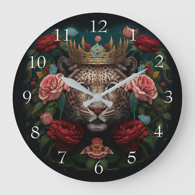 Jaguar with Crown in Flowers Painting             Große Wanduhr (Vorderseite)