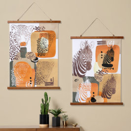 Jaguar Zebra Earth Tones Moderner Abstrakter Pop K Wandteppich Mit Holzrahmen