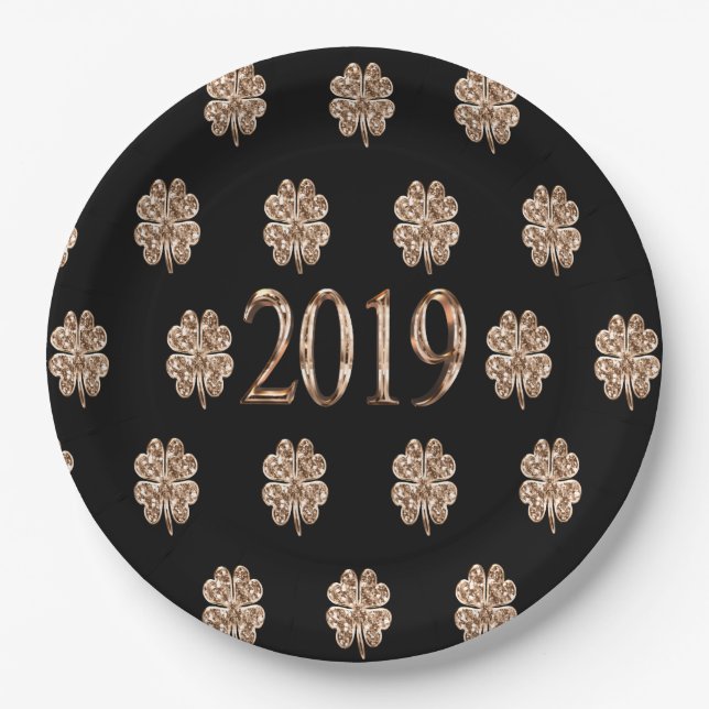 Jahr 2019 Elegante Black and Gold Vier Leaf Clover Pappteller (Vorderseite)