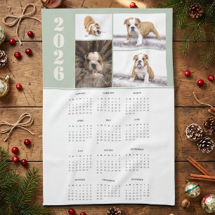 Jahr 2026 Kalender Hund Haustier 4 Foto-Collage Geschirrtuch