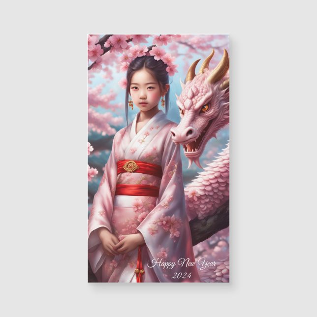 Jahr des Drachen 2024 - Mädchen zwischen Kirschblü Magnetkarte (Vorderseite)