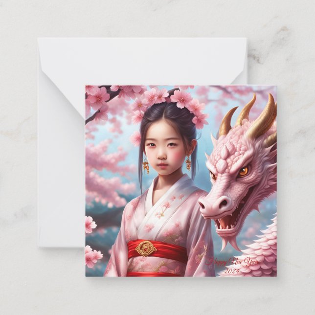 Jahr des Drachen 2024 - Mädchen zwischen Kirschblü Mitteilungskarte (Vorderseite)